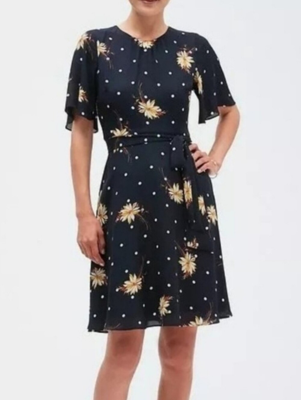 Banana Republic Blue Midi Dress with Yellow Floral and White Polka Dots
